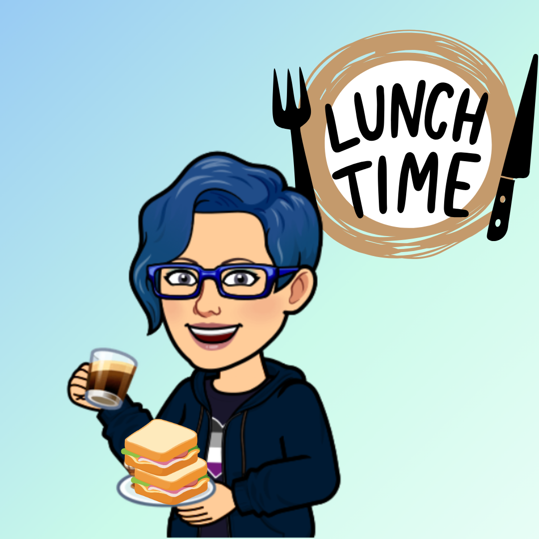 Cartoon Danie enjoying coffee and sandwich. A sign says "lunch time" and has a fork and knife framing the sign.