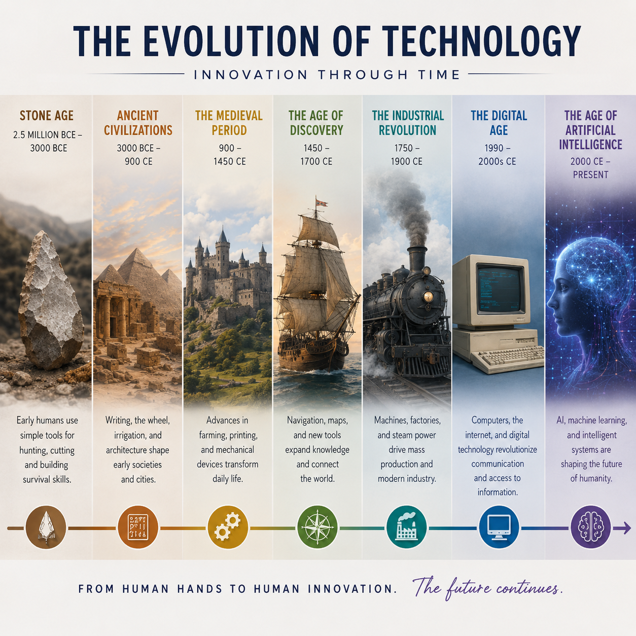 Depiction of technology from Stone Age through Age of Artificial Intelligence