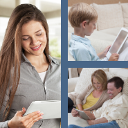 Three pictures grouped together in a grid featuring a teenage girl, a young boy and a man and woman all reading on tablets.