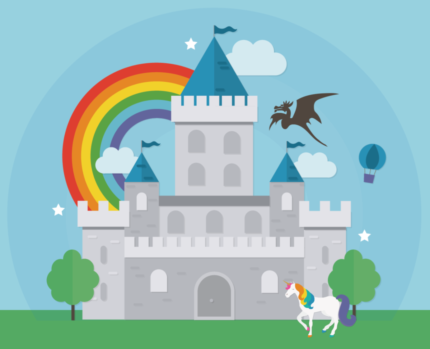 Picture of fairy tale scene with a castle, rainbow, dragon and unicorn.