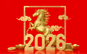 Golden horse, gold coins and a golden "2026" on a red background