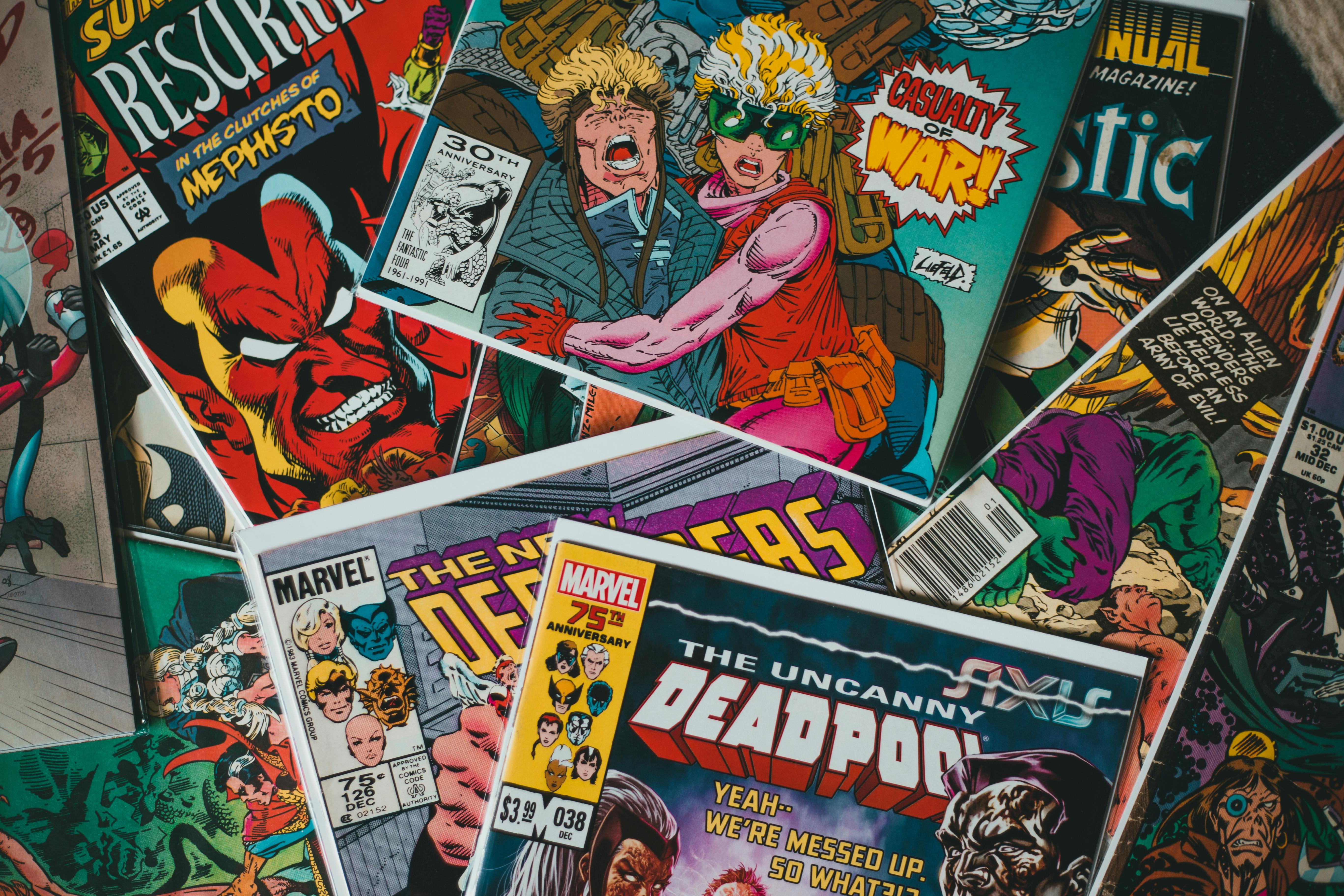 Collection of comic books with vivid colorful illustrations on cover