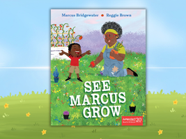 The book, See Marcus Grow, with a background featuring blue skies and a grassy field with flowers. 