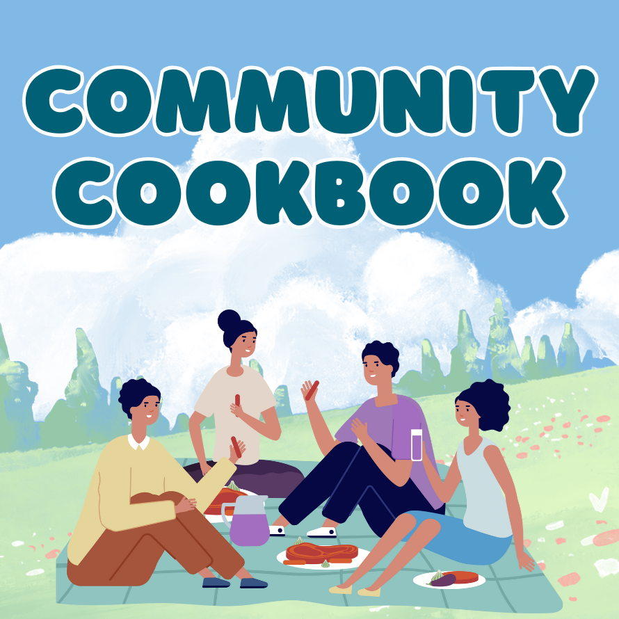 Graphic featuring four people having a picnic with the text "Community Cookbook."