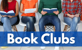 Four people reading books with the text "Book Clubs"