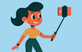 Graphic of a teen girl using a selfie stick to record a video. 