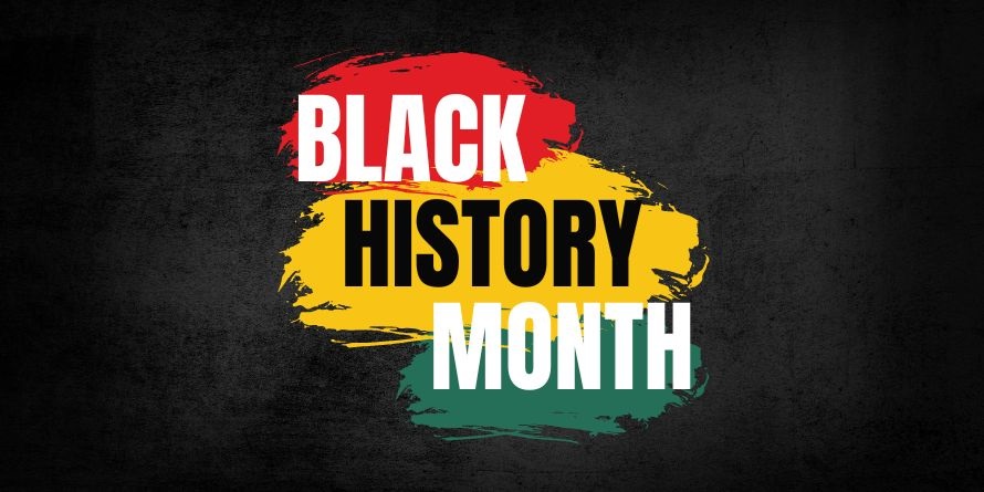 Text Reads Black History Month with stripes of red, yellow and green paint on a black background. 