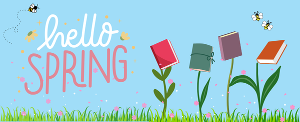 Text "Hello Spring" featuring books growing out of the ground, grass and buzzing bees. 