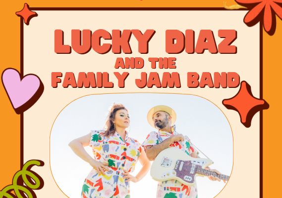 Lucky Diaz and the Family Jam with image of pair wearing matching colorful jumpsuits.