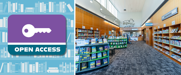 Image includes a graphic of Open Access with a key in front of a library background. The other side features a picture of the lobby of the Morgan Hill library. 