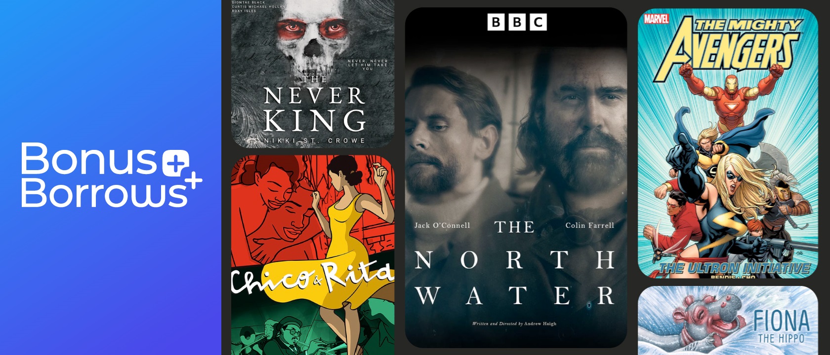 Covers of the Never King, the North Water, various comics. 