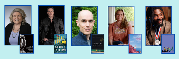 Author Valerie Neal and the cover of the book On a Mission; author Brad Taylor and book cover Shadow Strike; author Alex Hutchinson and book cover The Explorer's Gene; author Miranda Cowley Heller and the book cover What the Deep Water Knows; author Jason Reynolds and the book cover, Coach. 