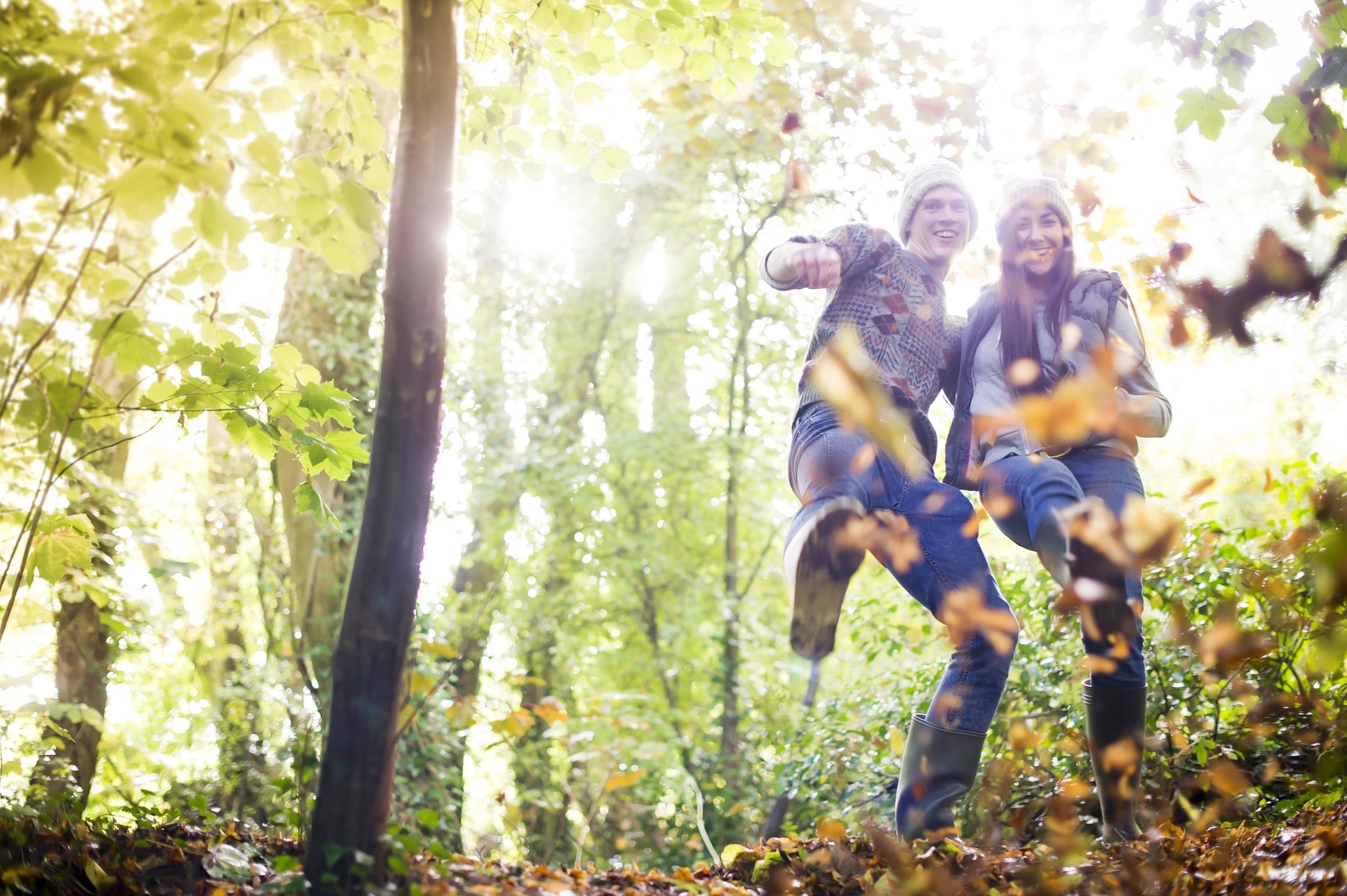 Fall autumn teens trees leaves happy laughing fun hike hiking woods background