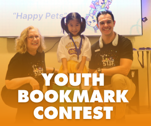 Promotional graphic for the Youth Bookmark Contest featuring two adults and a smiling child posing together.