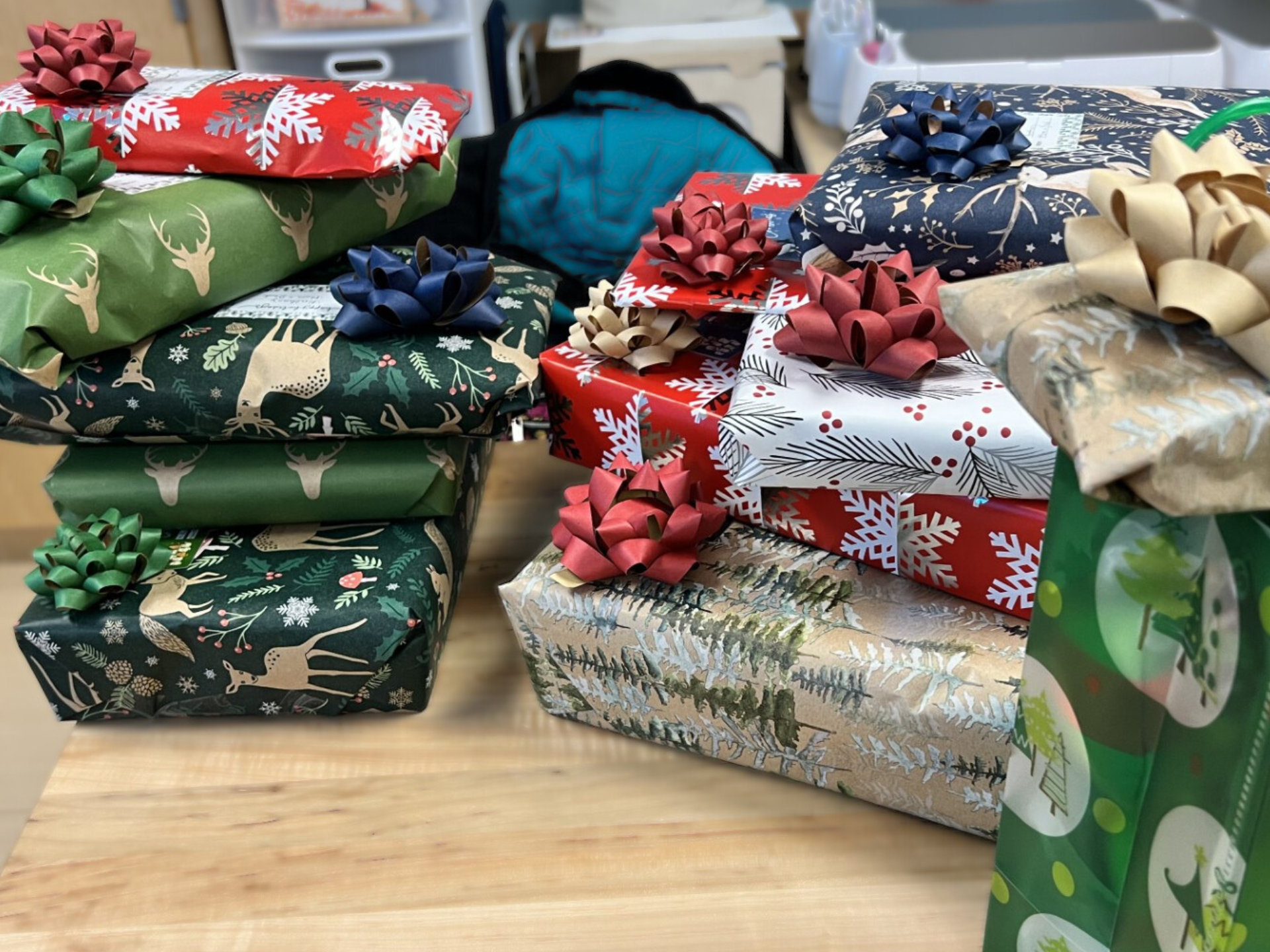 wrapped gifts in a pile