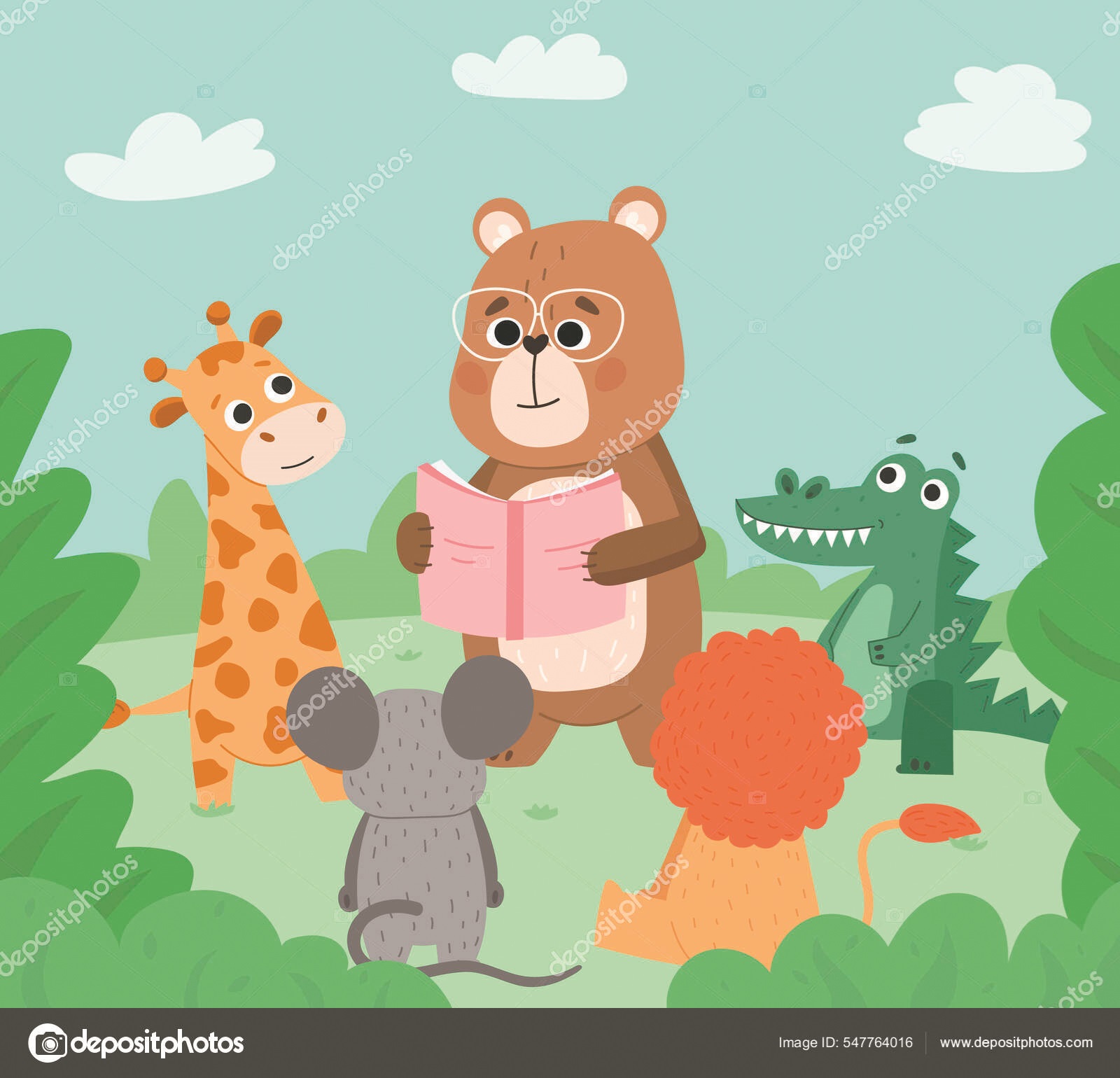 cartoon animals reading in a circle in the woods