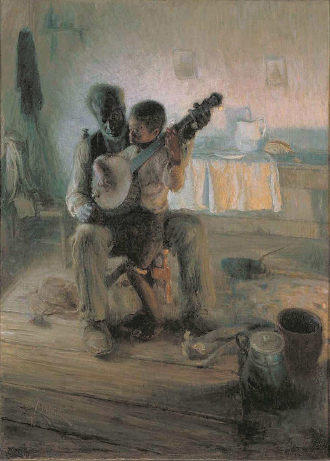 a man and child playing a bango