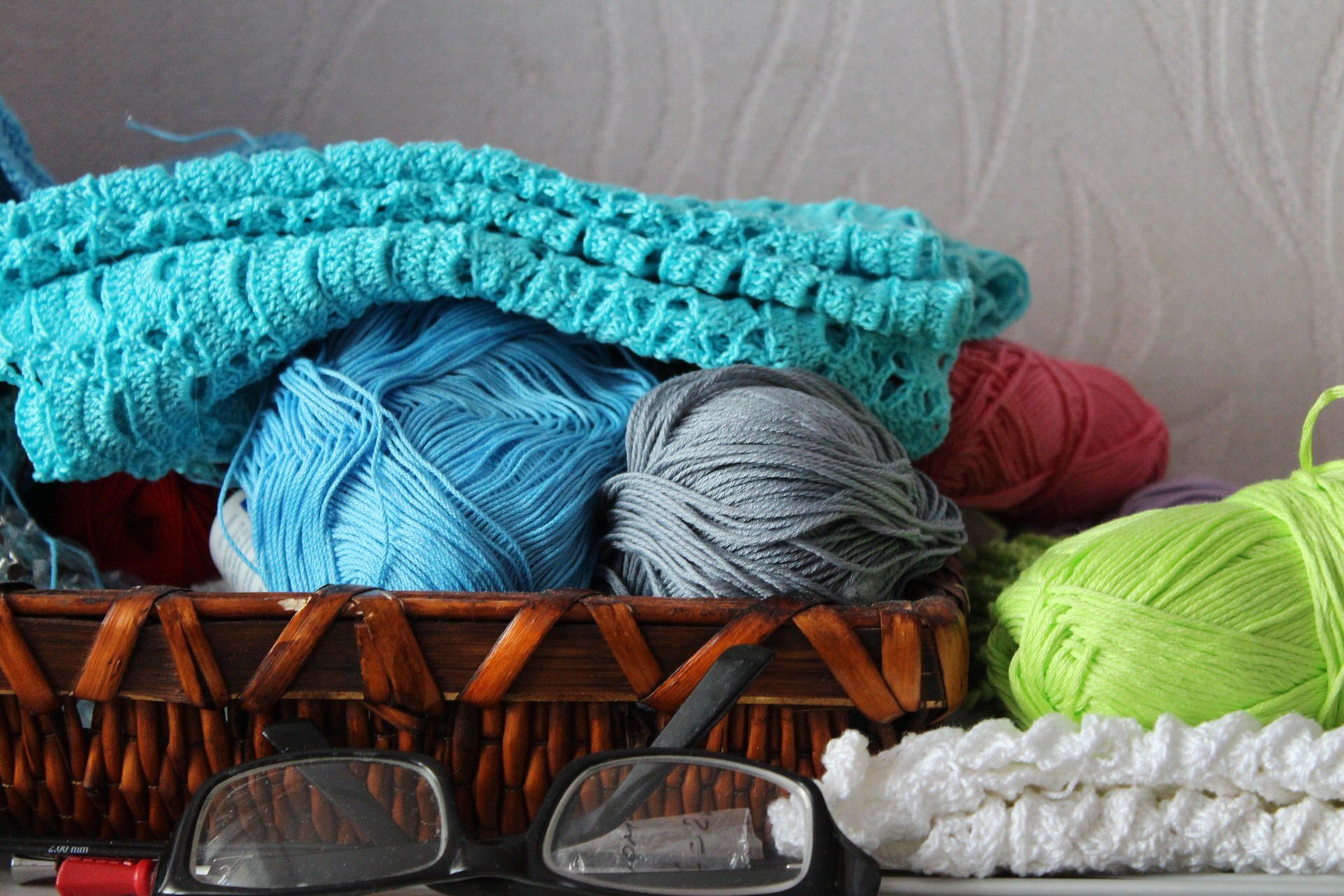 Basket of Yarn with Reading Glasses