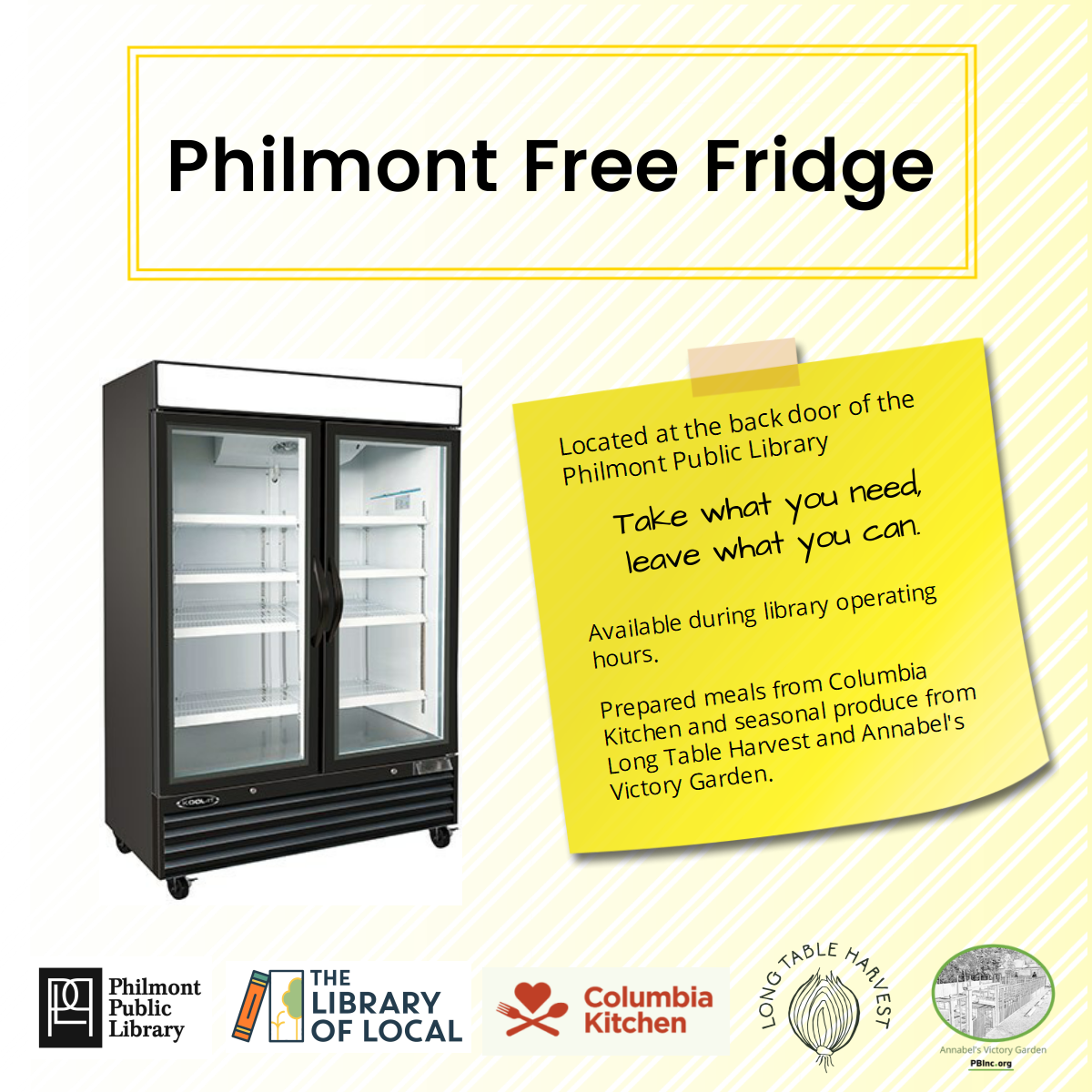 Poster advertising free fridge located at Library with image of fridge and partner logos.