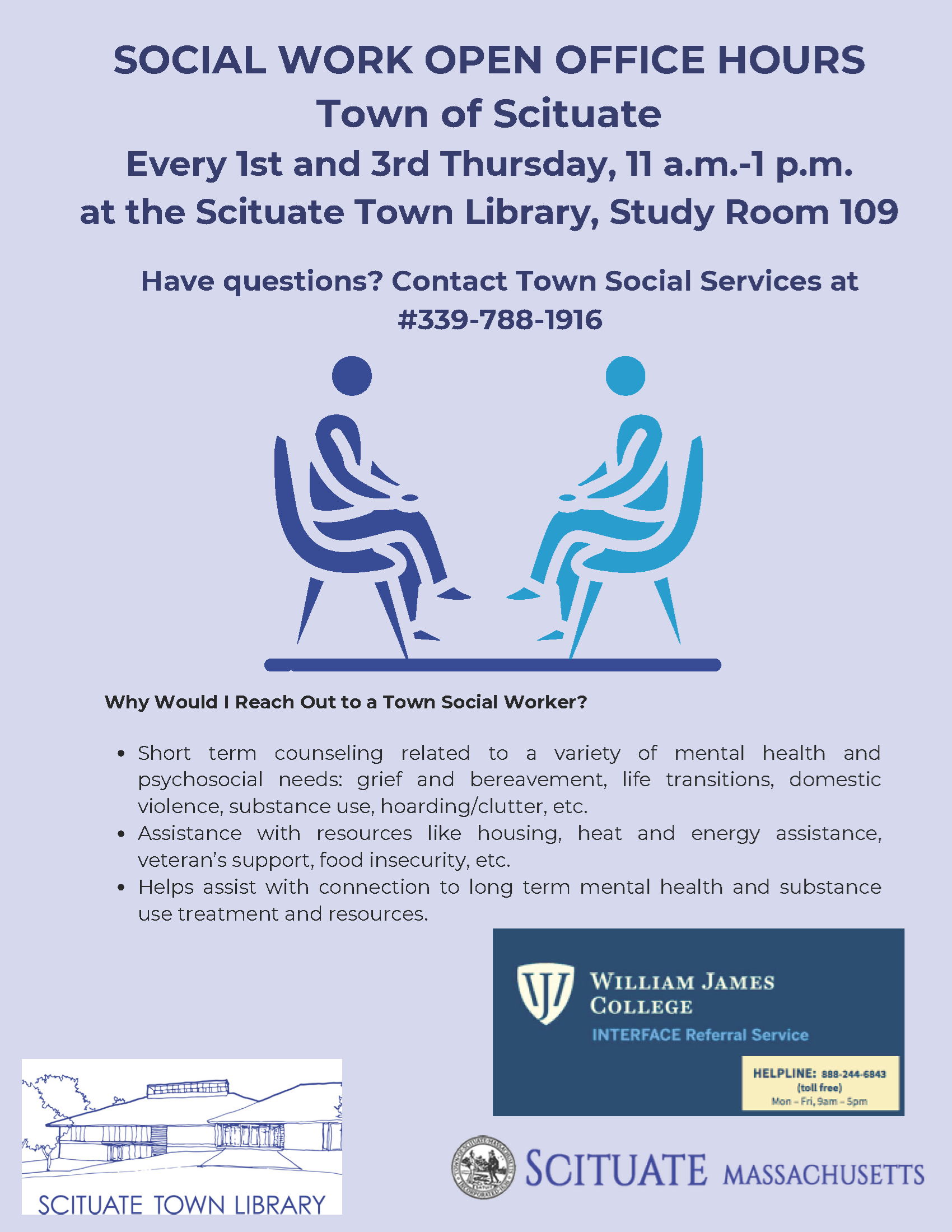 event flyer with line drawing of two people sitting opposite a table. 