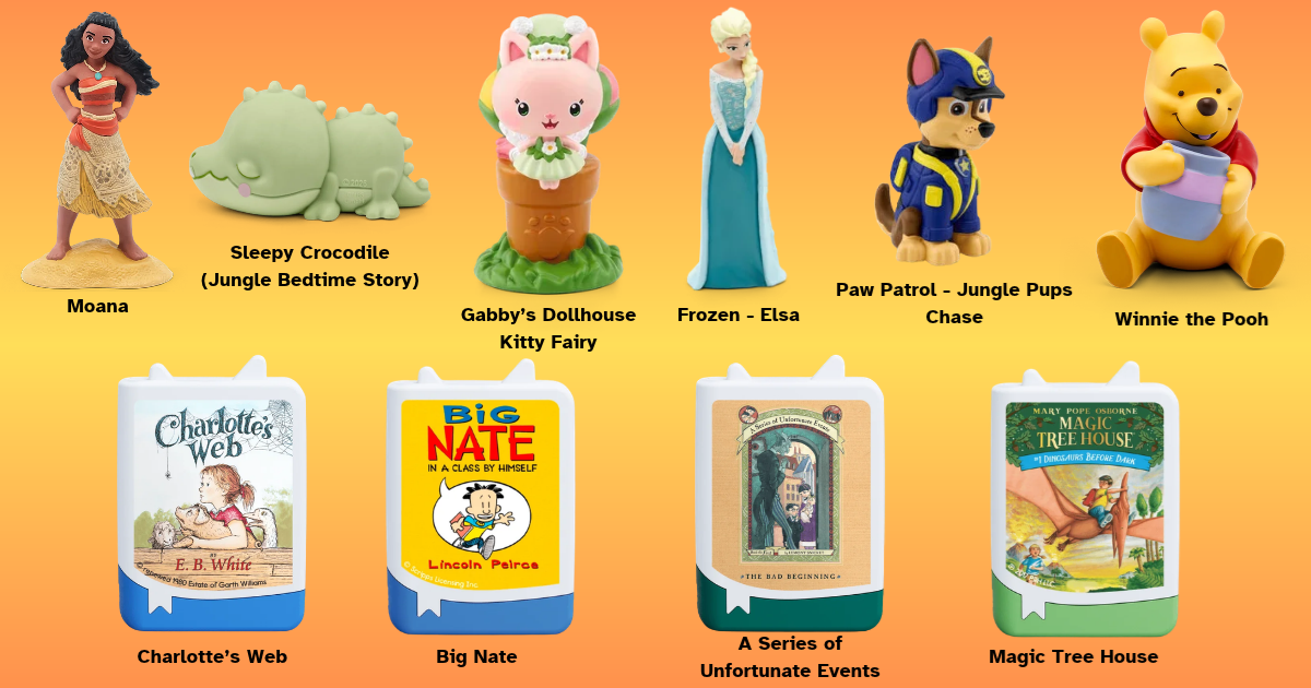 Shows a small collection of available tonie figures, including Moana, Winnie the Pooh, Charlotte's Web, Magic Tree House, A Series of Unfortunate Events,  Paw Patrol, Gabby's Doll House, and Big Nate.