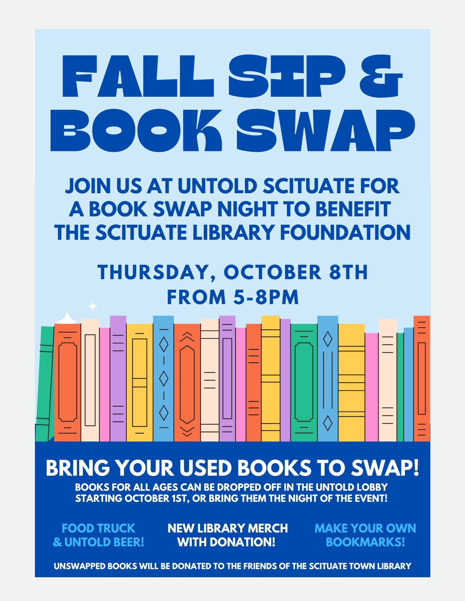 event flyer with line drawing of colorful books