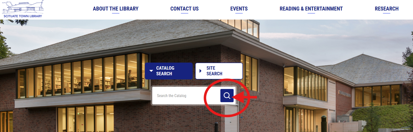 screen shot of library website with a red circle around the search box in the center