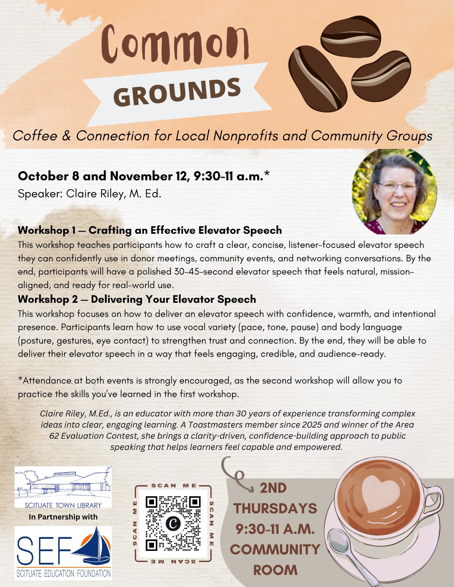 event flyer for common grounds describing both workshops. there is a QR code for registration and SEF's logo along with a line drawing of a cup of coffee. Presenter's headshot is at the top of the flyer.