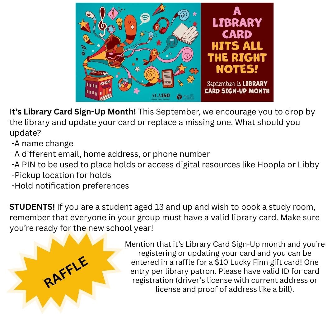 Library card sign up month and raffle announcement 