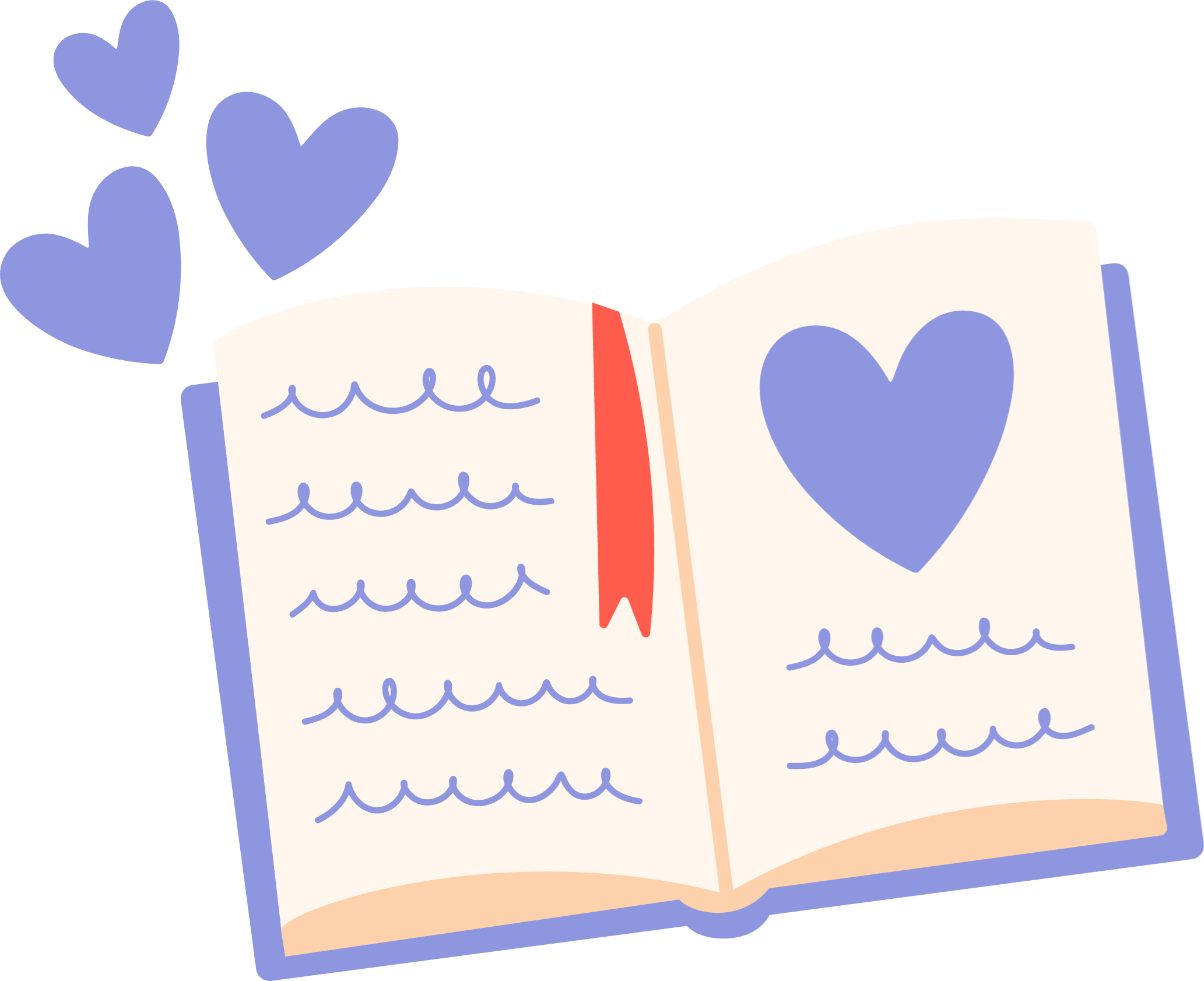 Open Book Graphic with Purple Hearts and Scribble on the Pages