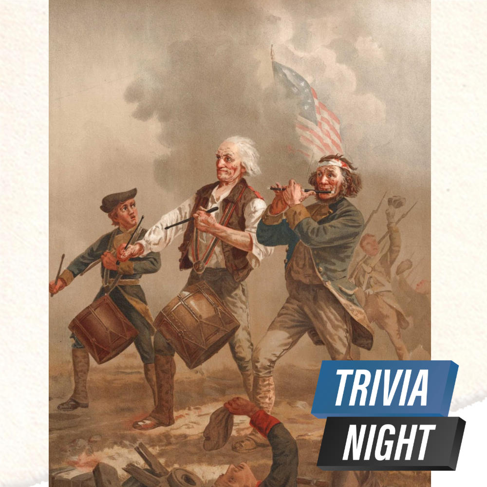 Painting of instrument players in colonial costume marching in time