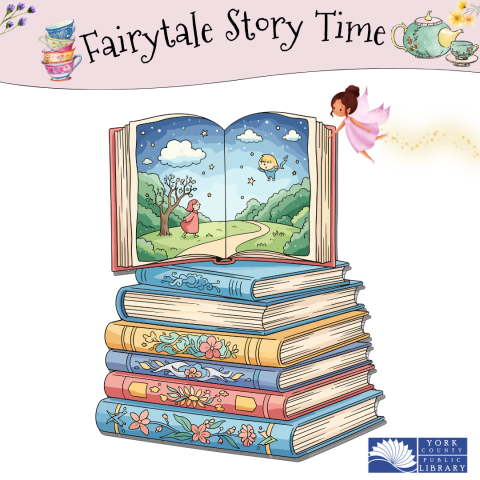 Stack of books with a cartoon fairy and depiction of a forest scene. 