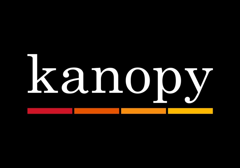 Logo of the word Kanopy with colorful lines underneath