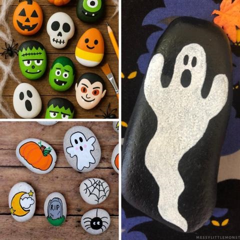 Painted rocks depicting various halloween images like ghosts, skeletons, pumpkins, and spiders.