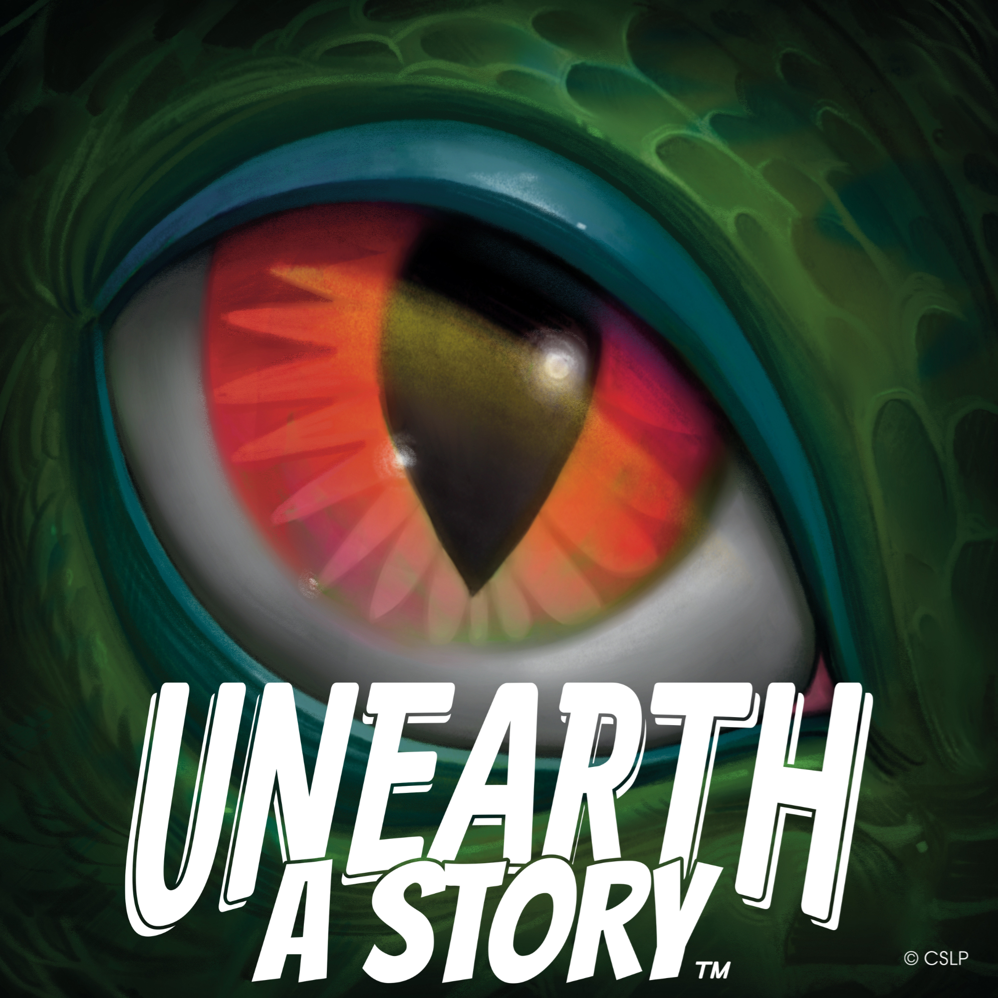 Dinosaur eye design with the words 'unearth a story'
