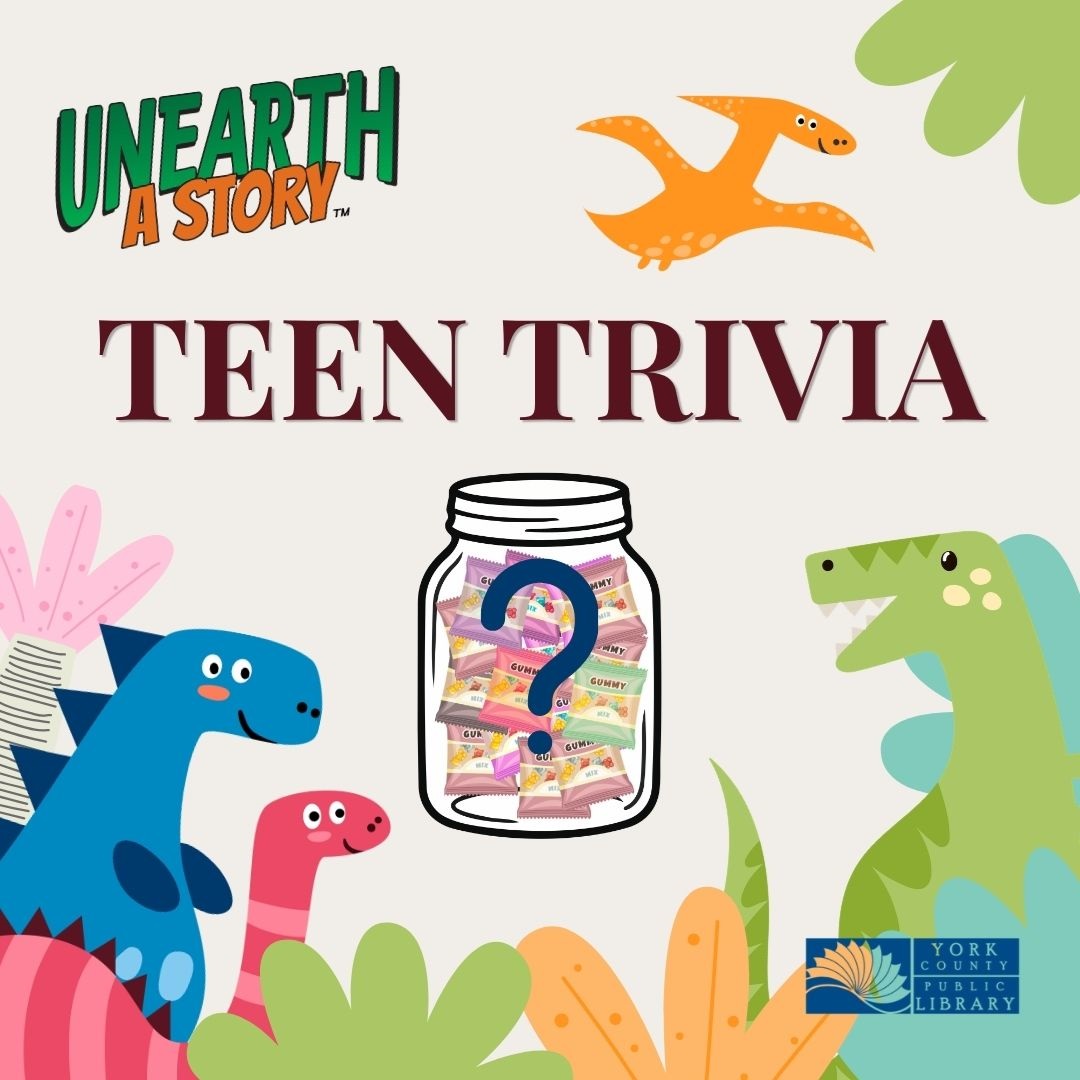 Dinosaurs surrounding jar with a question mark inside