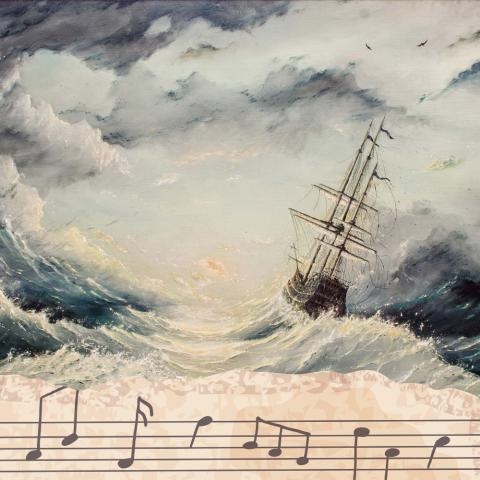 Painting of a ship on stormy waters with music notes at the bottom of the page.
