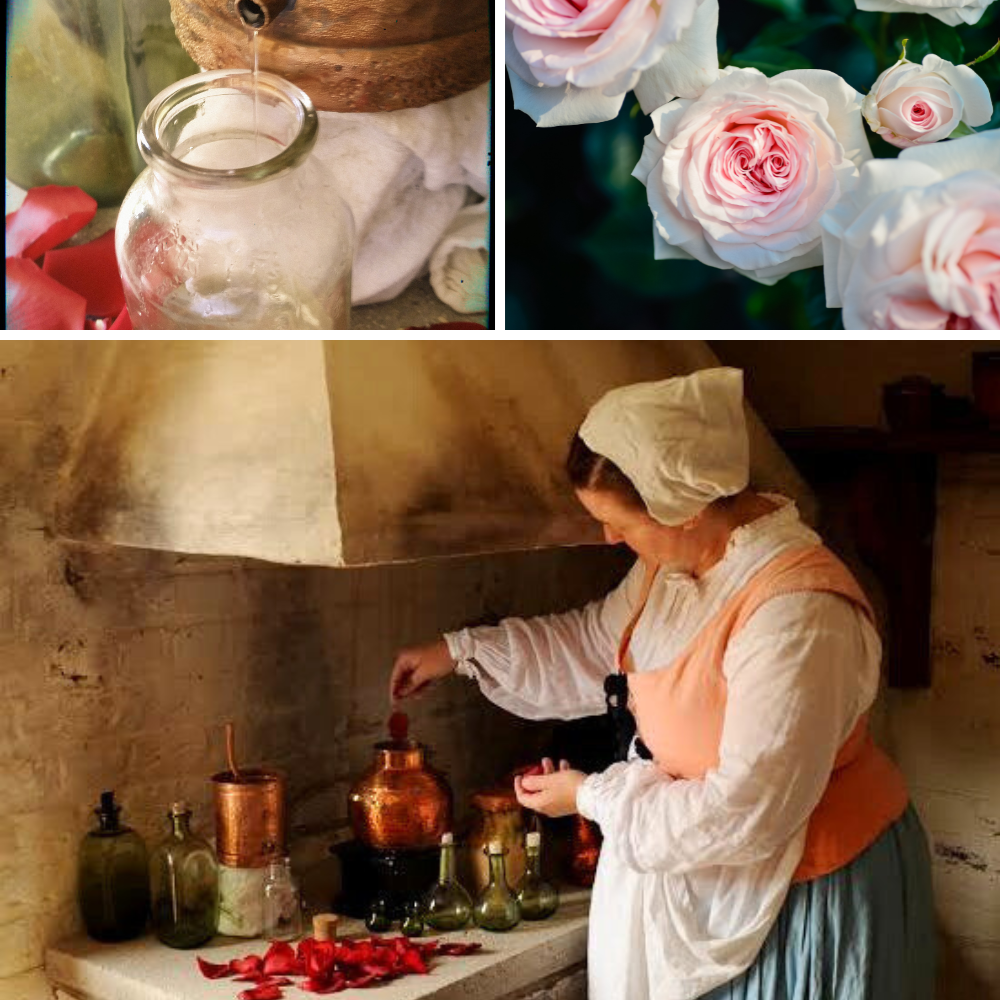 Woman in colonial costume working in a kitchen