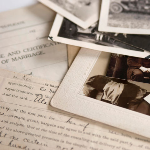 Historical documents and photos arranged in a pile