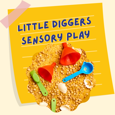 Several toys resting in sand with text