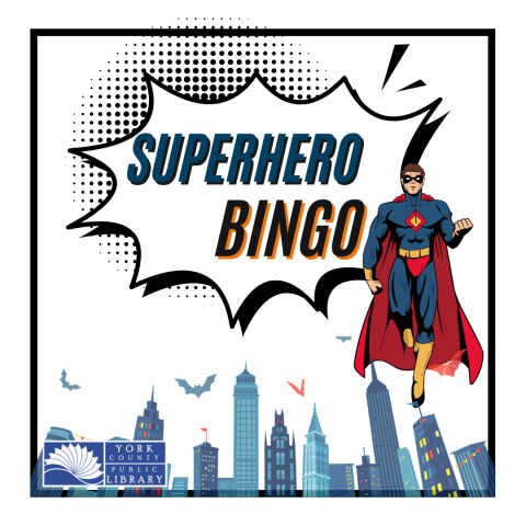 Person with cape flying above cartoon city