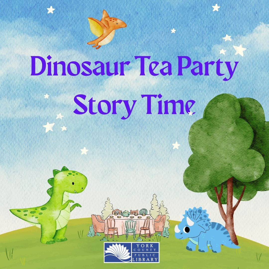 Several cartoon dinosaurs gathered around a table