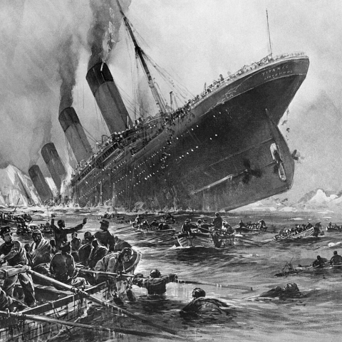 Drawing depicting a sinking ship and survivors
