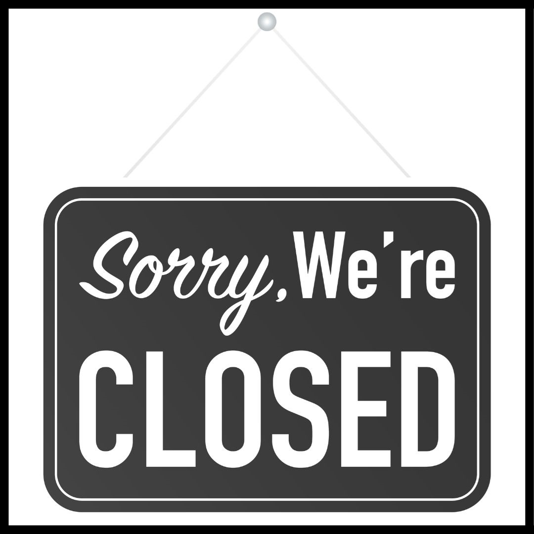 Hanging sign with text sorry we're closed. 