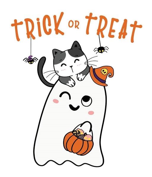 Cartoon of a ghost and a cat trick-or-treating