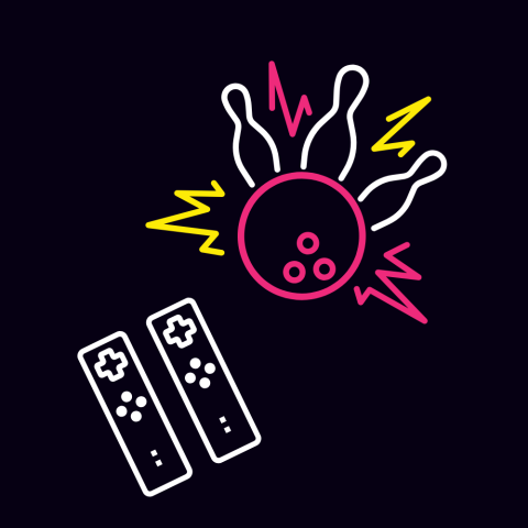 Drawing of bowling pins and game remotes