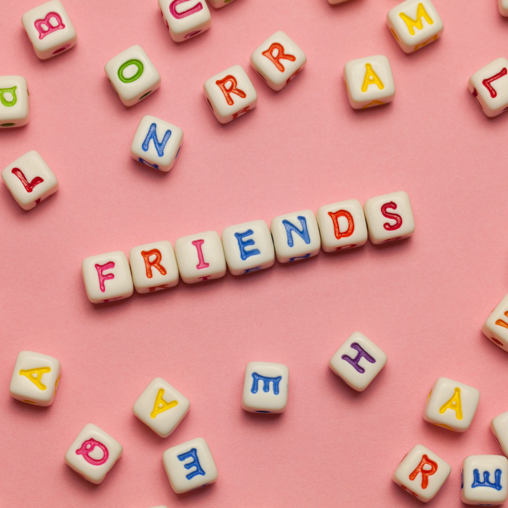 Plastic cubes with letters spelling the word friends. 