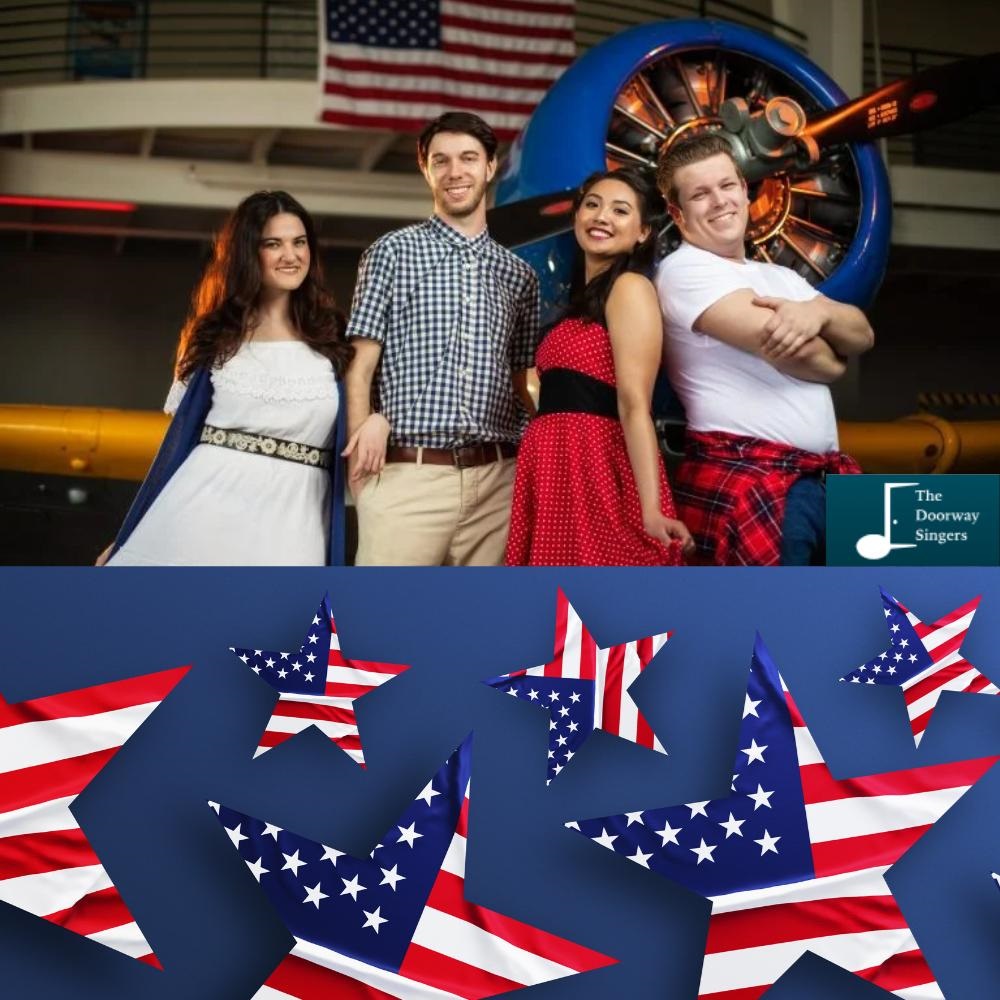 Group of four people standing in front of American flag