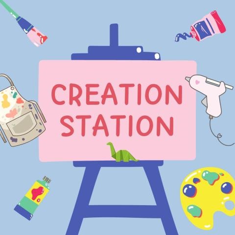 Easel with text and several art supplies
