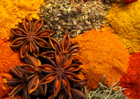 Various spices and herbs in organized piles